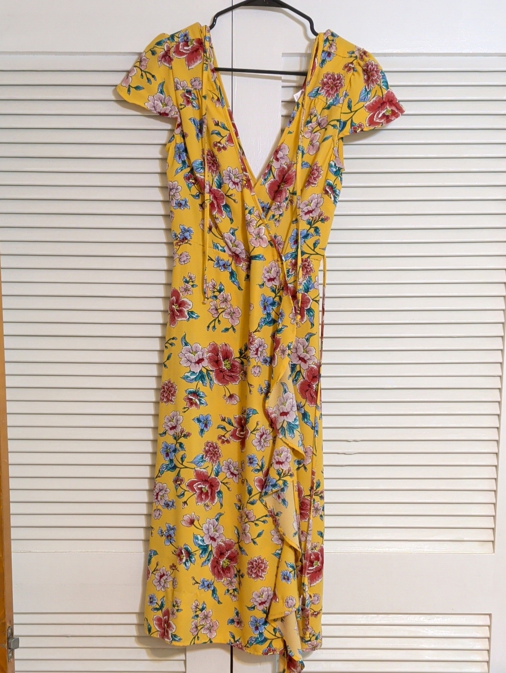 Xhilaration Yellow Floral Wrap Midi Dress with Flutter Sleeves